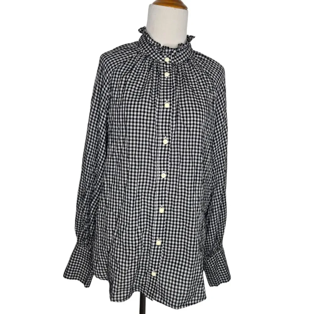 J Crew Womens Victorian Ruffle Neck Button Up Shirt Plaid Elevated Basics Work 8